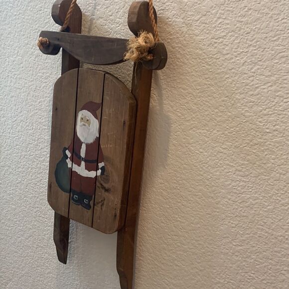 Santa And Gift Bag Christmas Holiday Wooden Rope Hanging Sleigh By B Builor Used - Picture 5 of 6